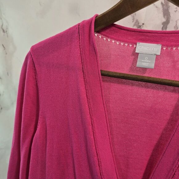 Chicos Cardigan Womens 0 Small Pink Wrap Topper Magenta Hot Travelers Ruana Long - Picture 2 of 12